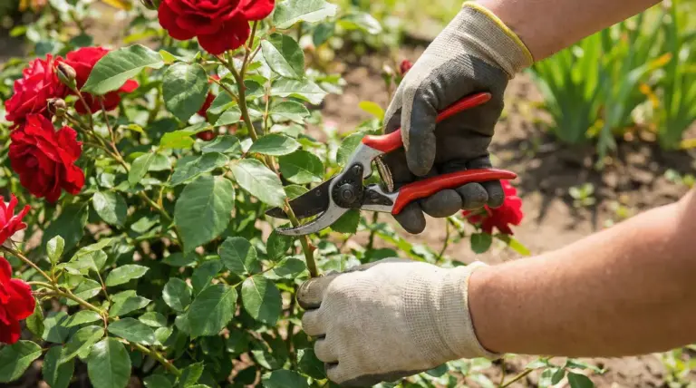 Persona con guanti da giardinaggio pota un cespuglio di rose rosse con una cesoia