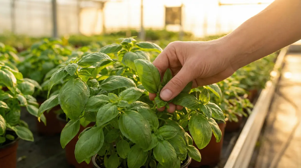 Una mano raccoglie foglie di basilico da una pianta in vaso in una serra