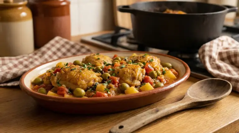 Un piatto rustico di pollo con patate, olive e pomodori, servito su un tavolo in cucina