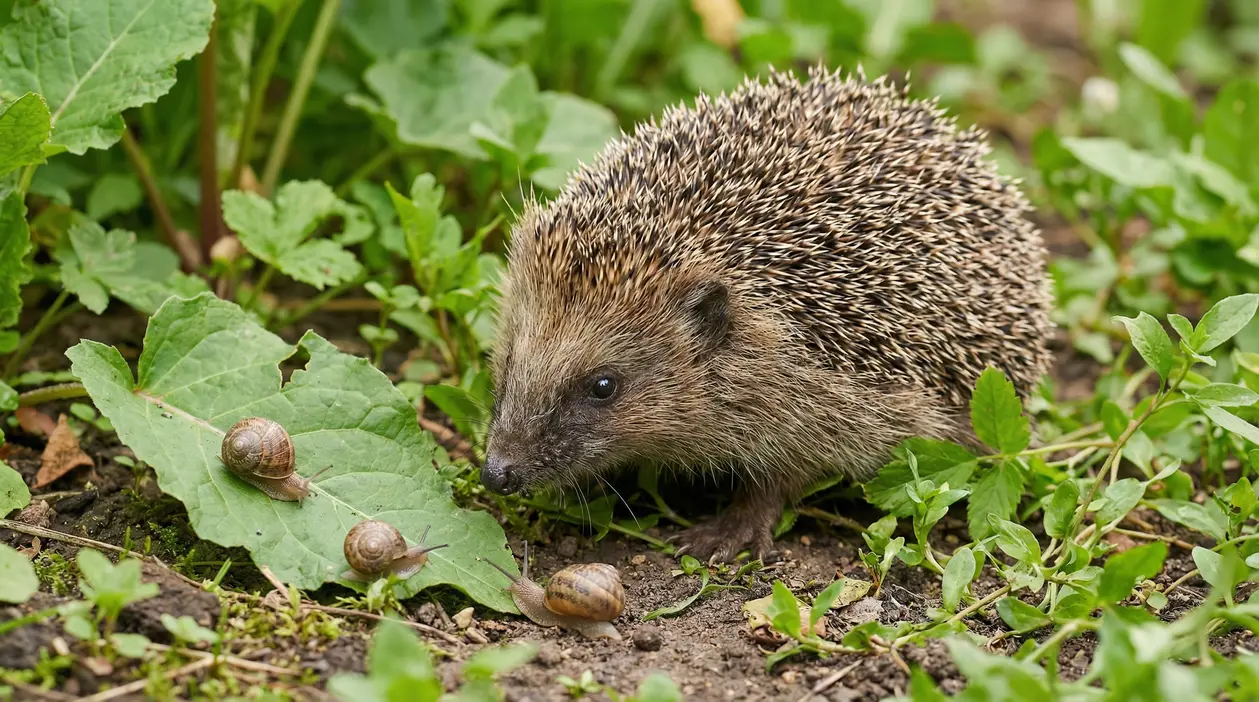 Un riccio nel giardino vicino a tre lumache su foglie verdi
