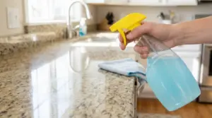 Una mano utilizza uno spray blu per pulire un piano cucina in granito chiaro