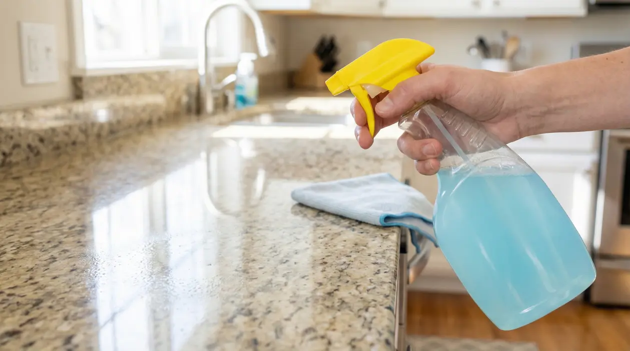 Una mano utilizza uno spray blu per pulire un piano cucina in granito chiaro