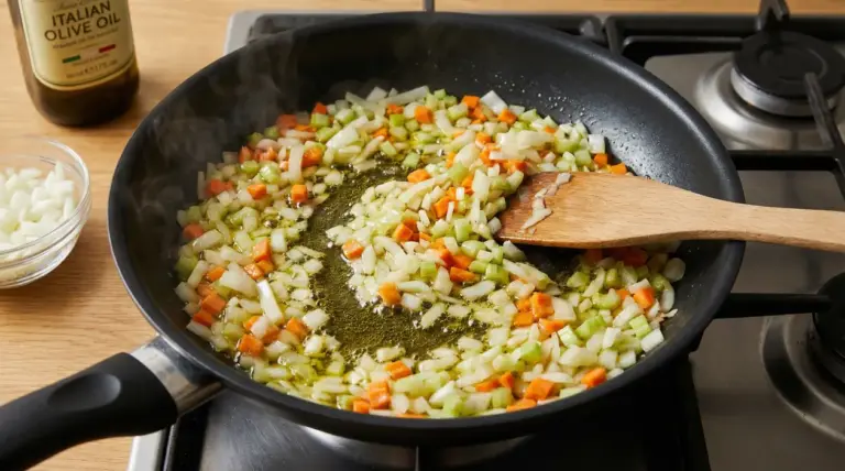 Verdure tritate soffritte in olio d'oliva in una padella su un fornello