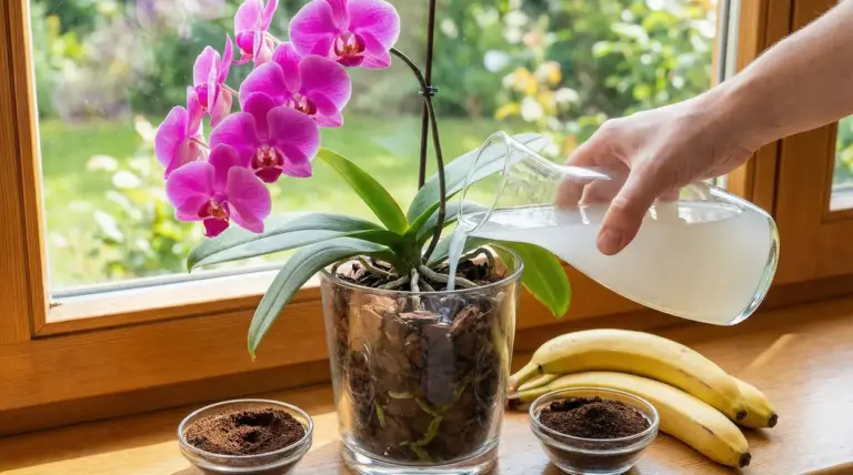 Annaffiatura di un'orchidea con acqua contenente un ingrediente naturale, vicino a banane e fondi di caffè