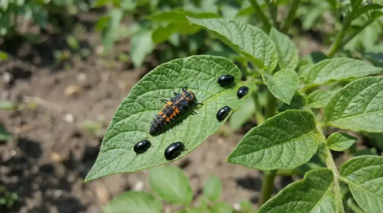 Larva e piccoli insetti neri su una foglia verde in un giardino