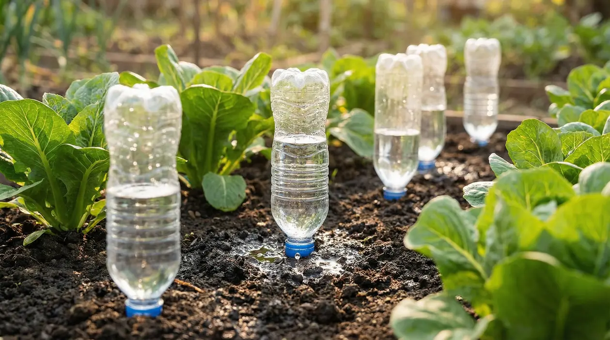 Sistema di irrigazione fai da te con bottiglie di plastica in un orto