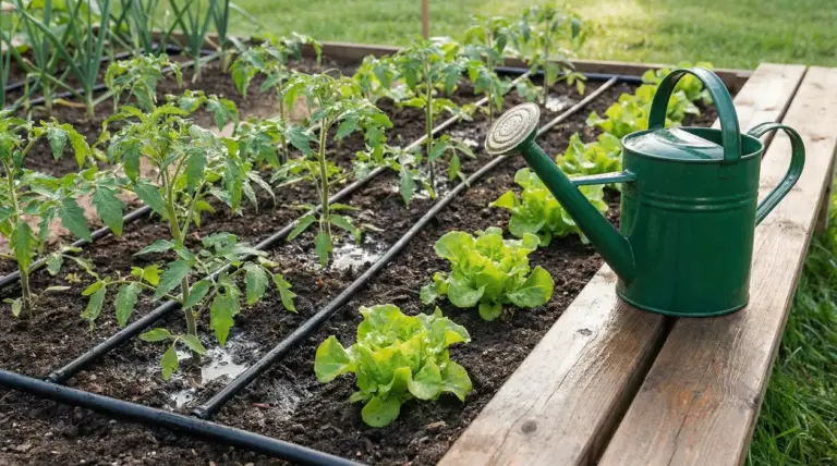 Orto con impianto di irrigazione a goccia e annaffiatoio verde su una tavola di legno