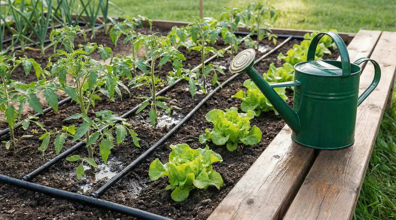 Orto con impianto di irrigazione a goccia e annaffiatoio verde su una tavola di legno