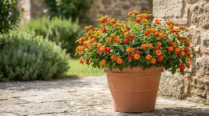 Pianta con fiori arancioni e gialli in un grande vaso di terracotta all'esterno