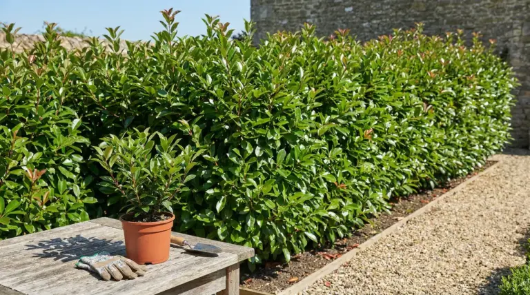 Siepe verde rigogliosa con pianta in vaso su tavolo da giardinaggio