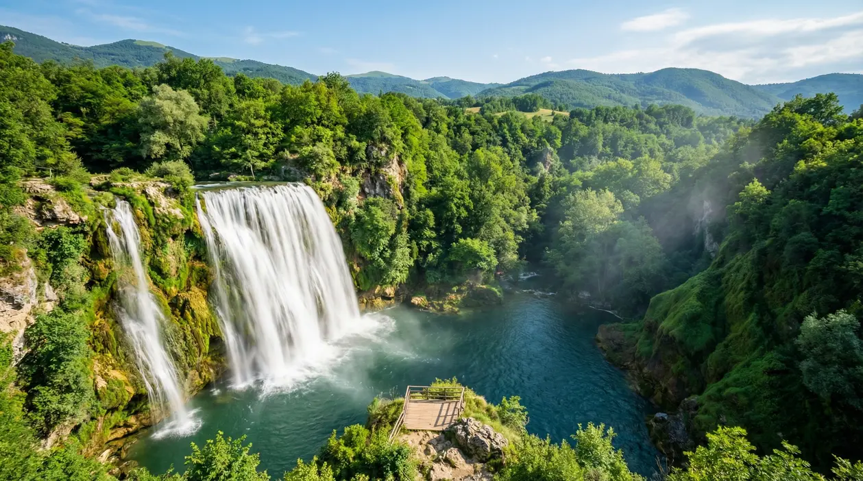 Cascata immersa nel verde con una piattaforma panoramica in primo piano