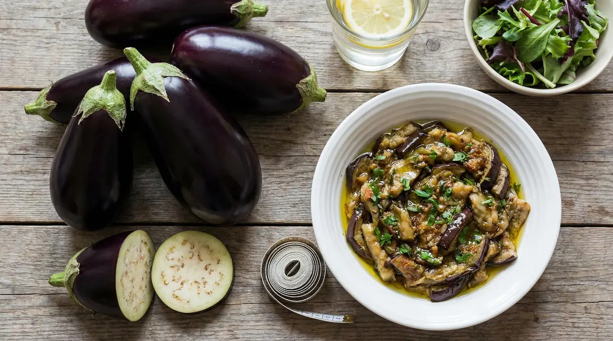 Melanzane intere e cotte in un piatto, accanto a un metro da sarto, insalata e acqua con limone