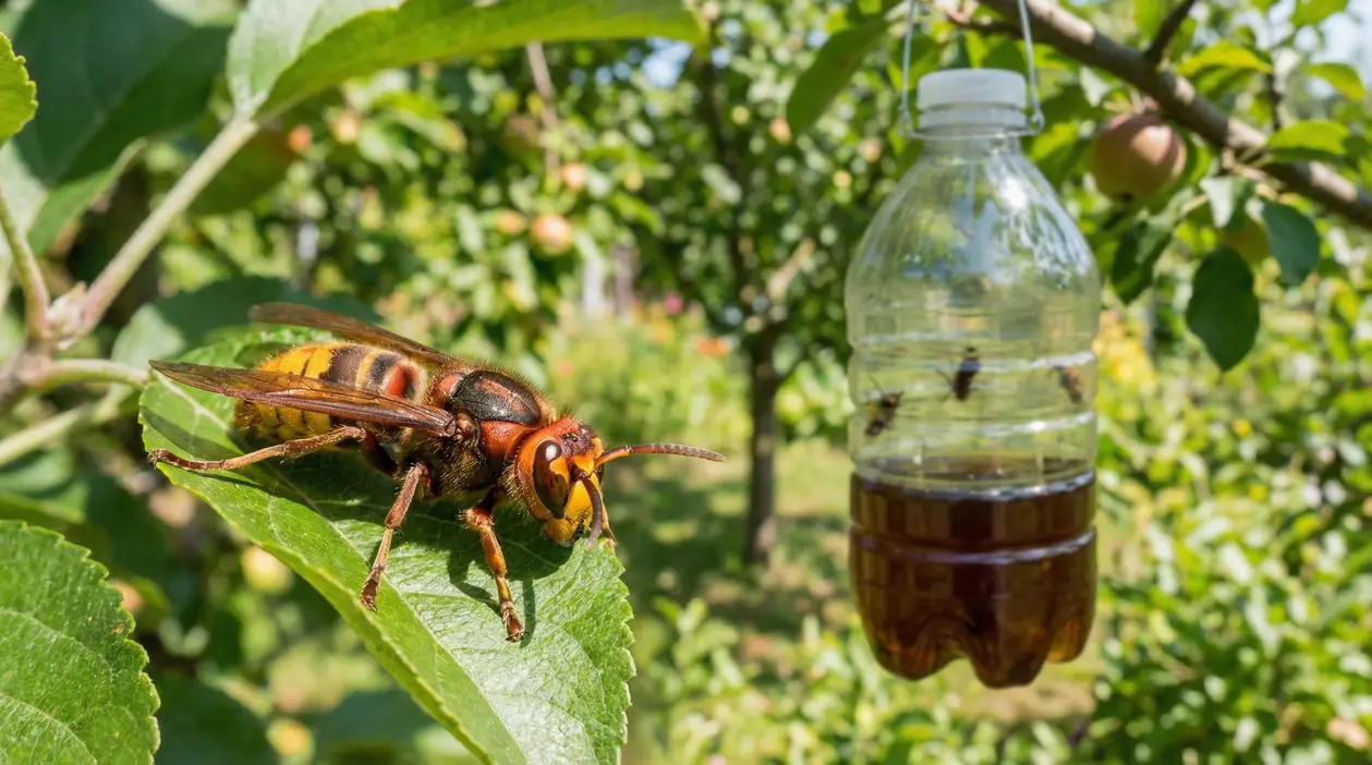 Calabrone su una foglia vicino a una trappola artigianale in giardino