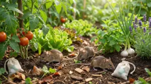 Tre topi camminano tra le piante di un orto con sacchetti naturali sul terreno