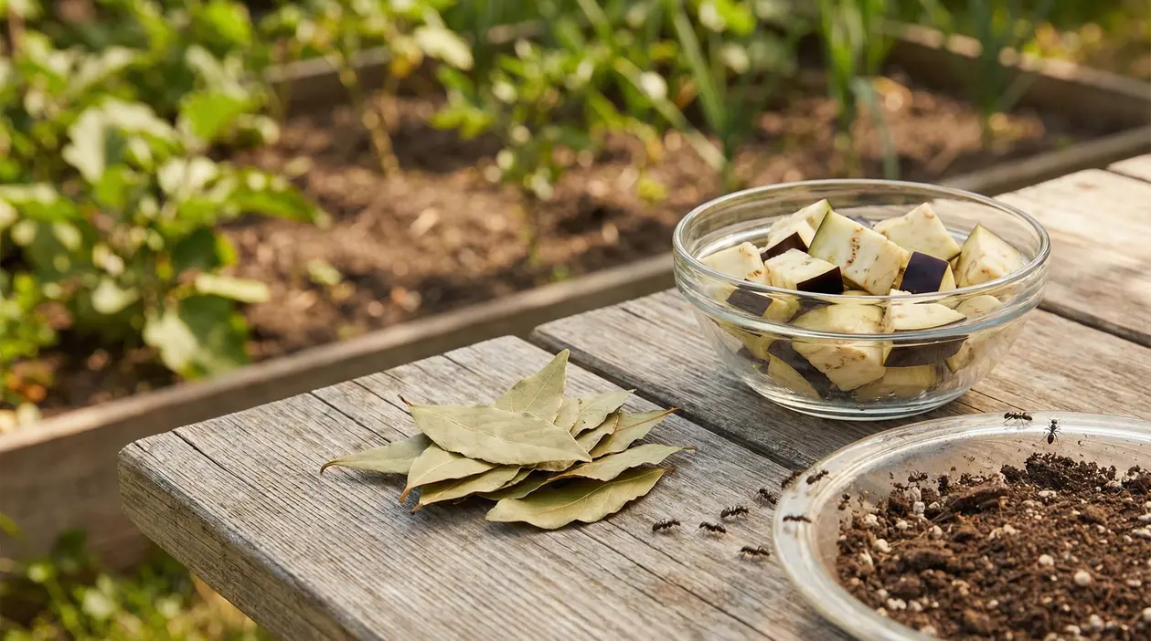 Foglie di alloro, melanzane a cubetti e terra su un tavolo in legno vicino a un orto