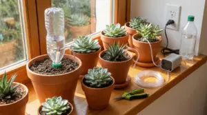 Piante grasse in vaso vicino a una finestra con un sistema di irrigazione automatica fai-da-te