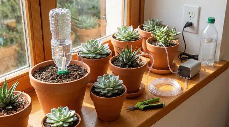 Piante grasse in vaso vicino a una finestra con un sistema di irrigazione automatica fai-da-te