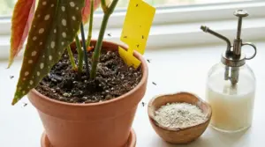 Vaso con pianta infestata da moscerini e trappola gialla, accanto a rimedi naturali