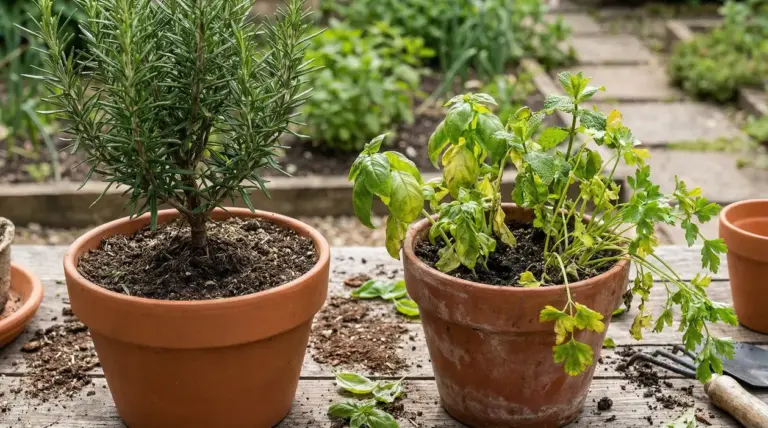 Piante di rosmarino, basilico e prezzemolo in vasi di terracotta su un tavolo da giardino