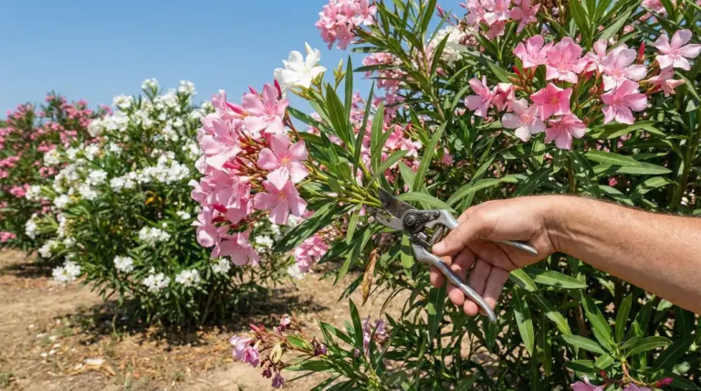 Mano che pota un oleandro in fiore con cesoie da giardinaggio