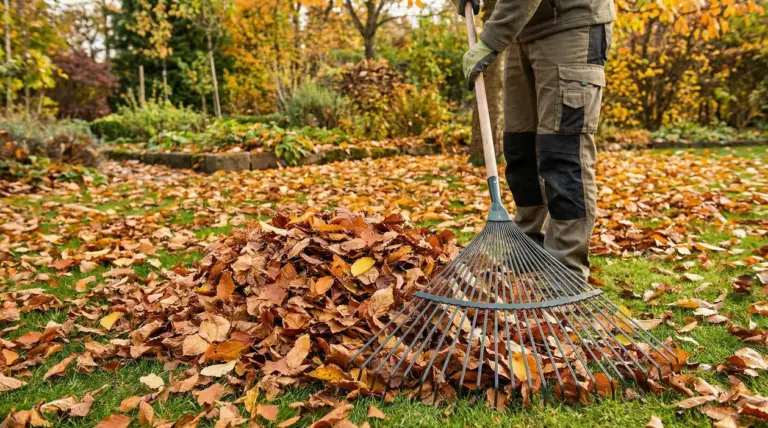 Persona che rastrella foglie secche in un giardino autunnale