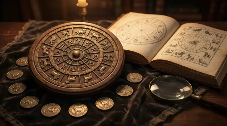 Tavola zodiacale in legno e libro aperto con simboli astrologici su un tavolo antico