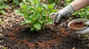 Concime naturale sparso sul terreno vicino a una pianta di ortensia