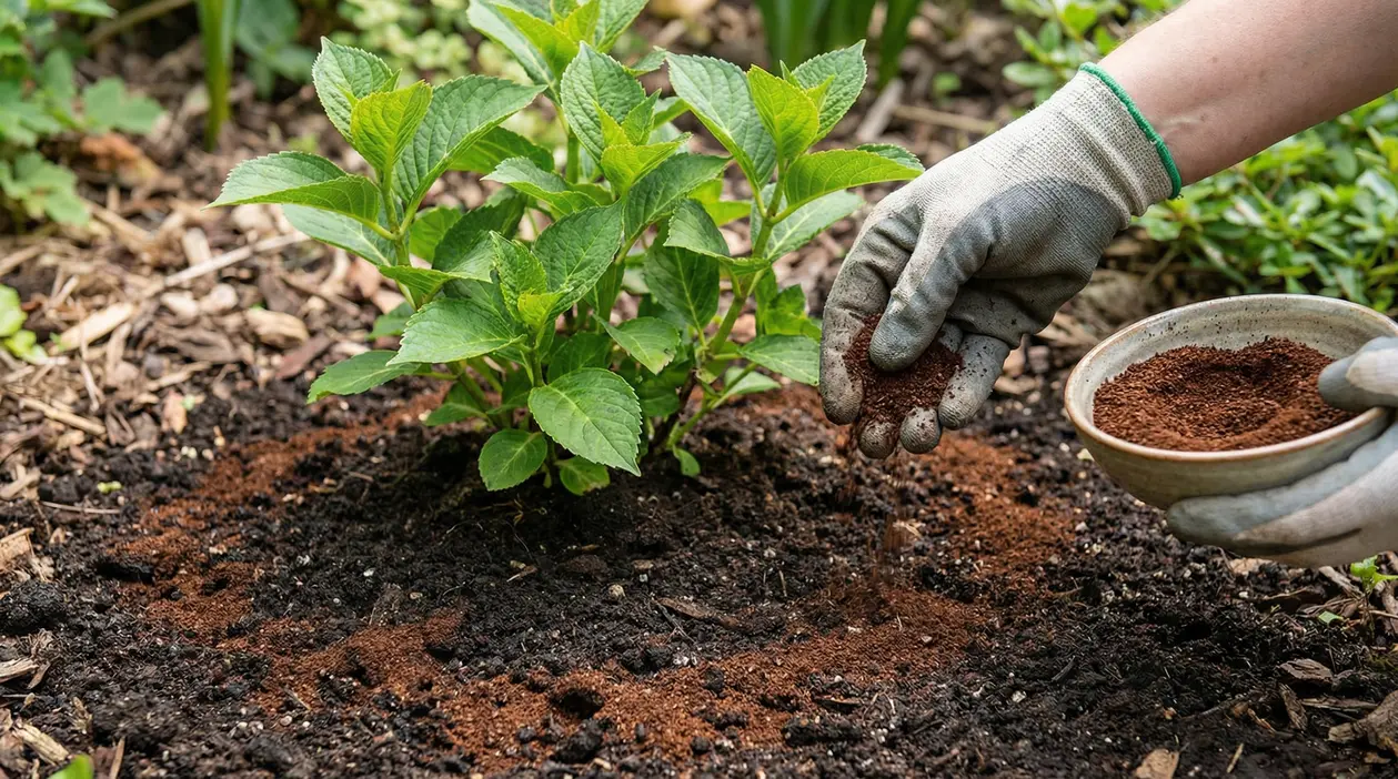 Concime naturale sparso sul terreno vicino a una pianta di ortensia