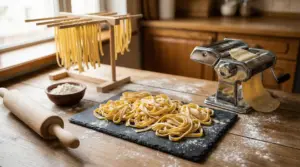 Pasta fresca fatta in casa su un tavolo, con macchina per la pasta e ingredienti