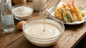 Ciotola con pastella cremosa e ingredienti per frittura su un tavolo in legno