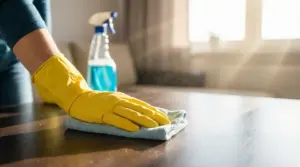Mano con guanto giallo che pulisce un mobile con un panno in microfibra