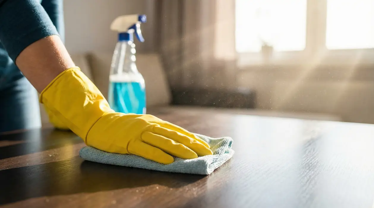 Mano con guanto giallo che pulisce un mobile con un panno in microfibra