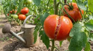 Pomodoro spaccato su pianta nell'orto, con annaffiatoio sullo sfondo