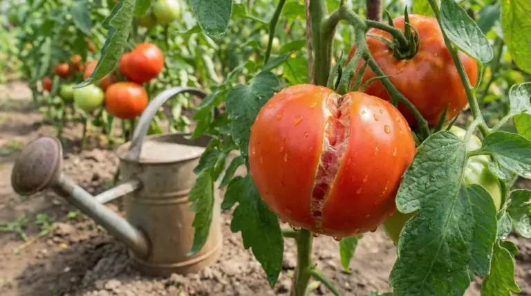 Pomodoro spaccato su pianta nell'orto, con annaffiatoio sullo sfondo