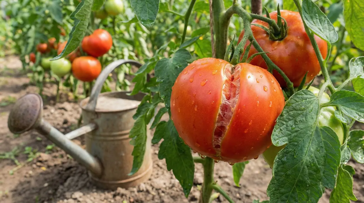 Pomodoro spaccato su pianta nell'orto, con annaffiatoio sullo sfondo