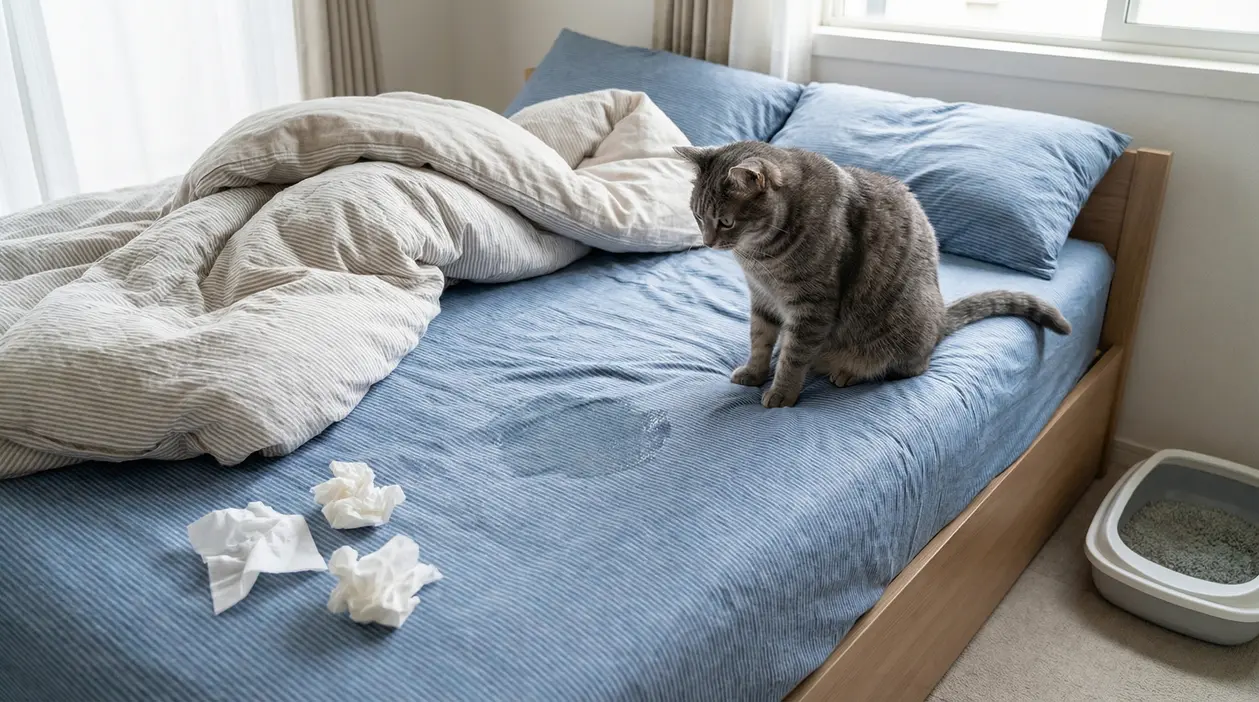 Gatto seduto su un letto con una macchia evidente sul copriletto