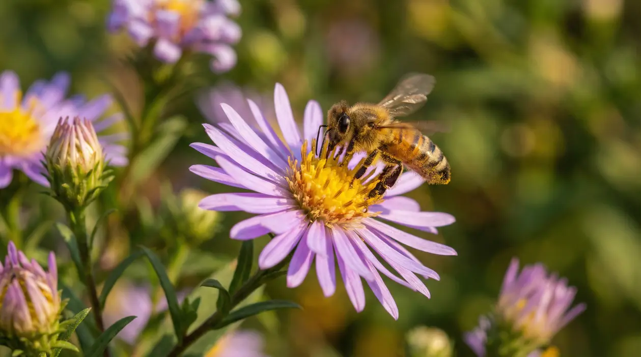 Ape su un fiore viola nel giardino durante una giornata di sole