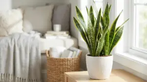 Pianta di Sansevieria in vaso bianco su un tavolino vicino a una finestra