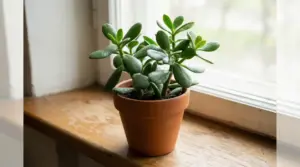 Pianta di giada in vaso di terracotta su davanzale interno