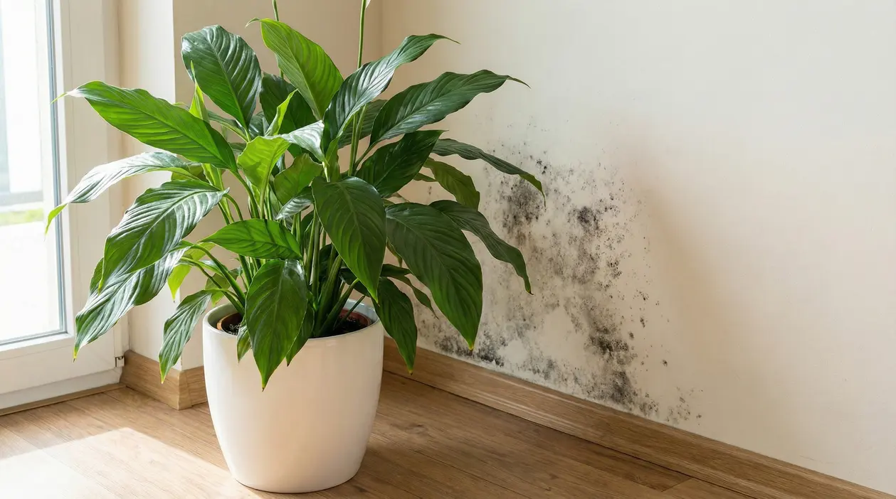 Pianta in vaso vicino a una parete con macchie di muffa in una stanza luminosa
