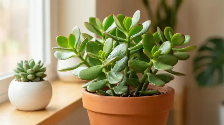 Pianta grassa in vaso di terracotta su davanzale, con foglie verdi carnose