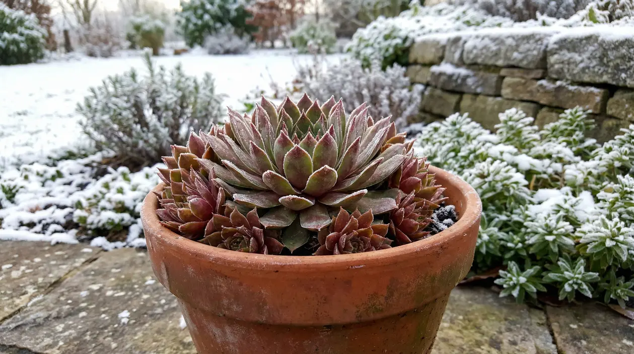 Pianta grassa in vaso di terracotta all'aperto coperta da brina, circondata da neve