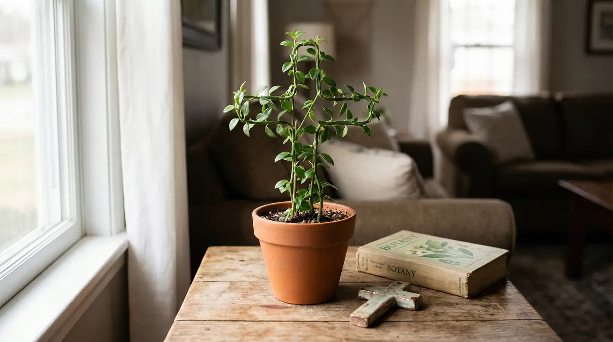 Pianta in vaso modellata a forma di croce latina su un tavolino in soggiorno