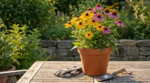 Vaso con fiori di Echinacea e Rudbeckia su tavolo da giardino al sole