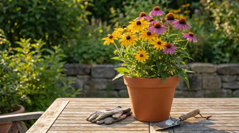Vaso con fiori di Echinacea e Rudbeckia su tavolo da giardino al sole