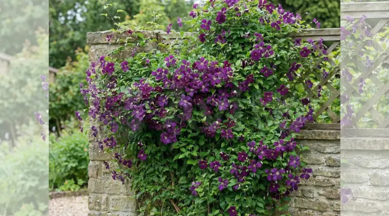 Pianta rampicante con fiori viola che cresce su un muretto di pietra in un giardino