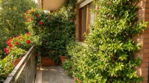 Piante rampicanti sempreverdi con fiori rossi che coprono un balcone soleggiato