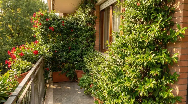 Piante rampicanti sempreverdi con fiori rossi che coprono un balcone soleggiato