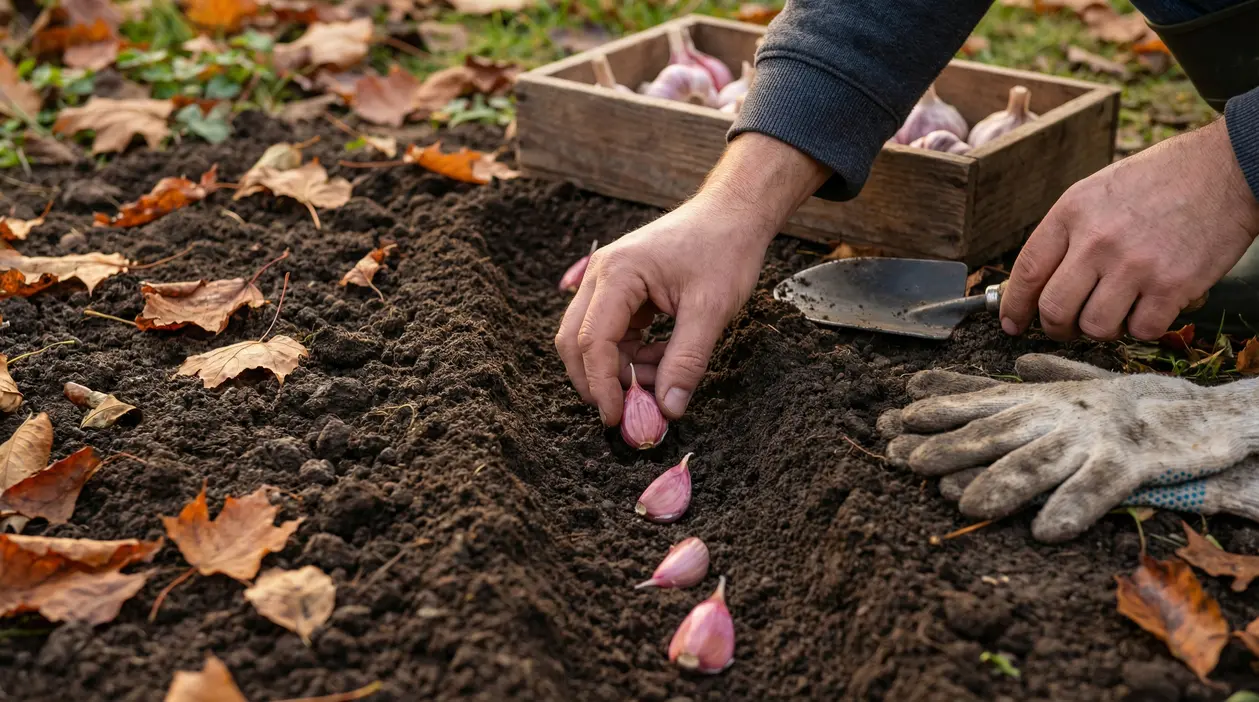 Mani che piantano spicchi d'aglio in un solco di terra durante l'autunno