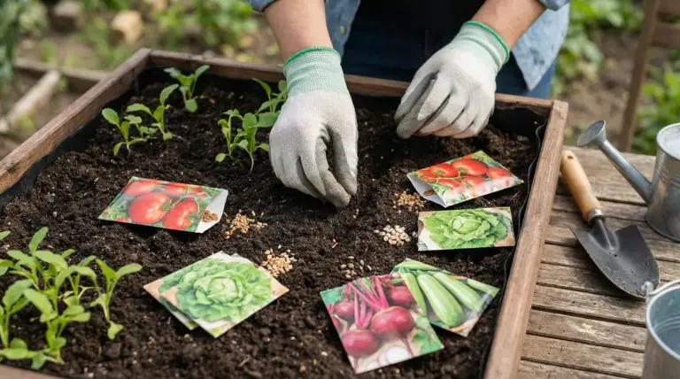 Mani con guanti che piantano semi in un orto rialzato con bustine di ortaggi